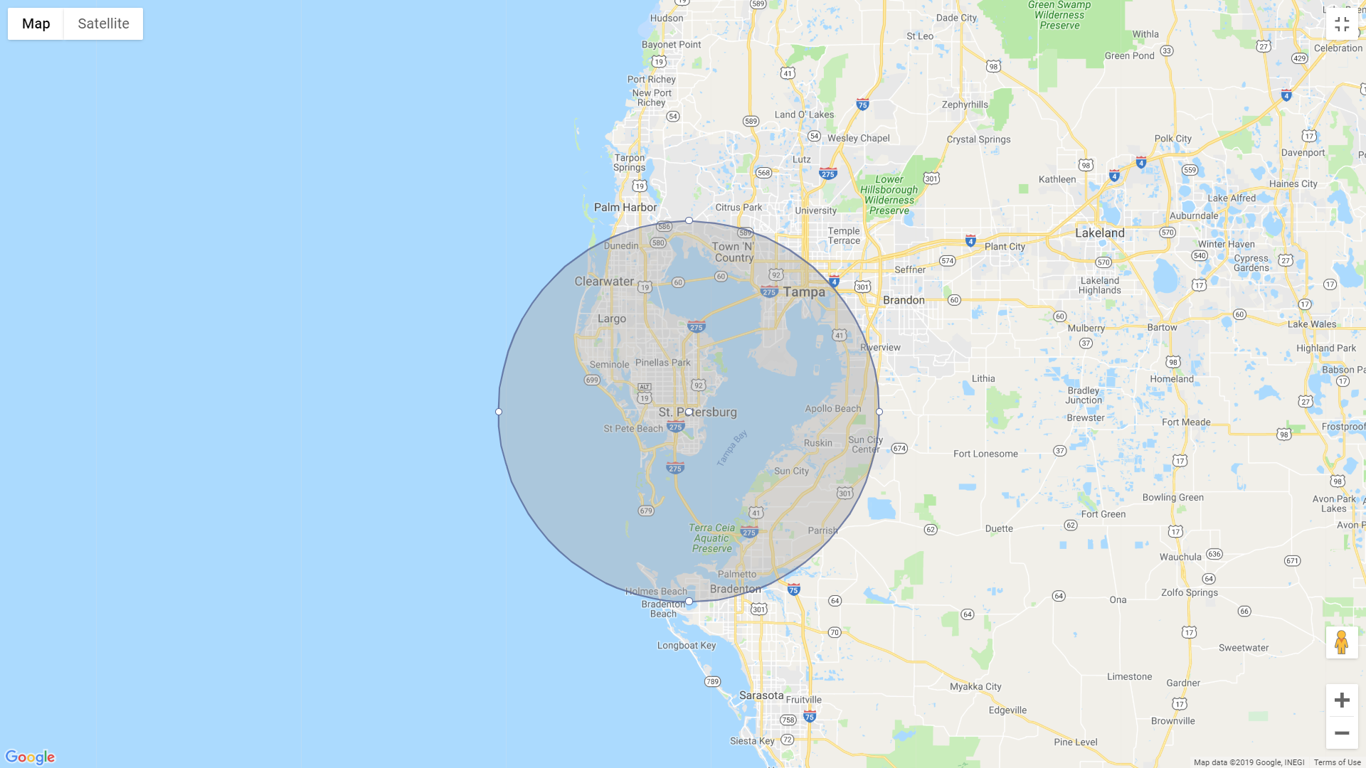 A radius circle around Tropicana Field showing how much is relatively close.